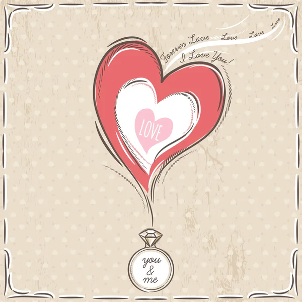 Biglietto di San Valentino con cuore e anello di fidanzamento — Vettoriale Stock