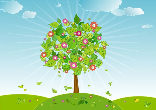 Paisaje con árbol de primavera con flores — Vector de stock