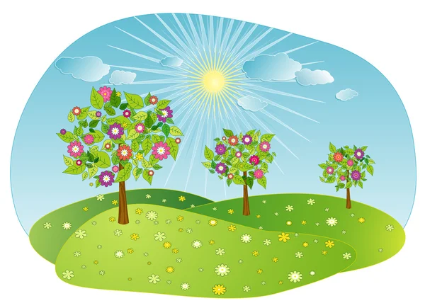 Paisaje con árboles de primavera con flores — Vector de stock