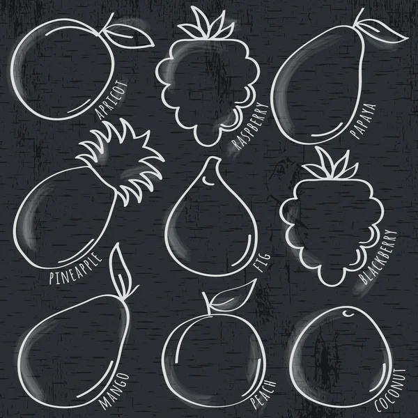 Conjunto de frutas orgánicas en pizarra, vector — Vector de stock