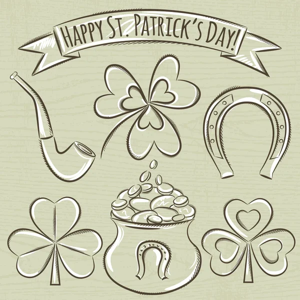 Κάρτα για την ημέρα του St. Patrick με δοχείο, τριφύλλι, σωλήνα και horsesh — Διανυσματικό Αρχείο