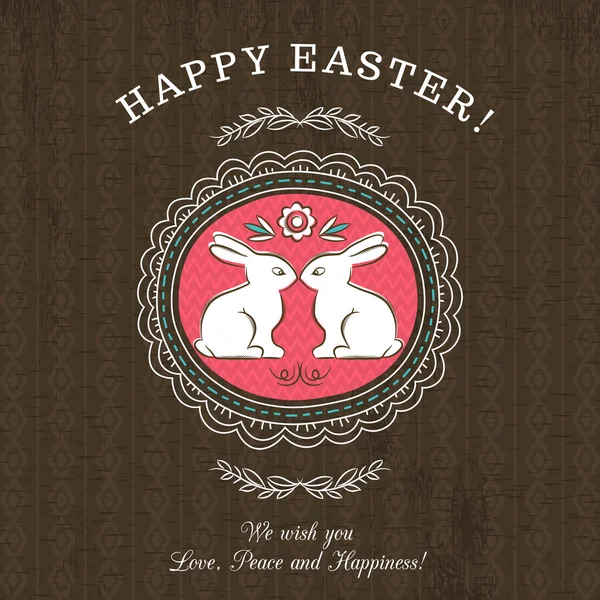 Cartão de cumprimentos marrom de Dia de Páscoa com dois coelhos — Vetor de Stock