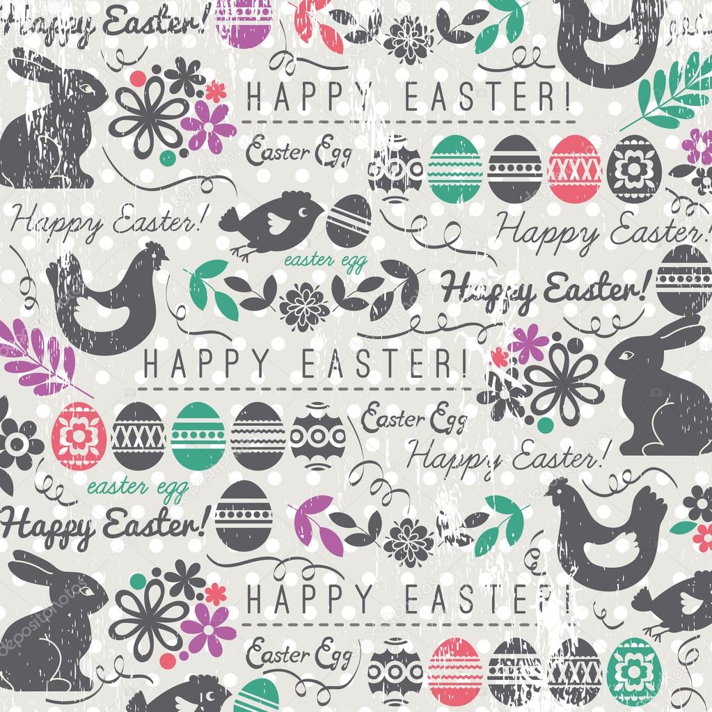 Background with bunny, easter eggs, flower, chicks, hen