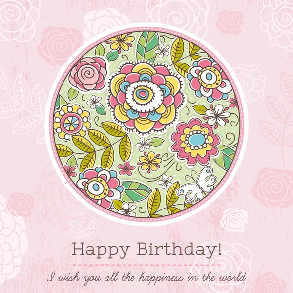 Tarjeta de cumpleaños rosa con gran ronda de flores de primavera, vector — Vector de stock
