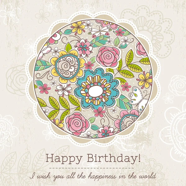 Tarjeta de cumpleaños con gran ronda de flores de primavera, vector illustra — Vector de stock