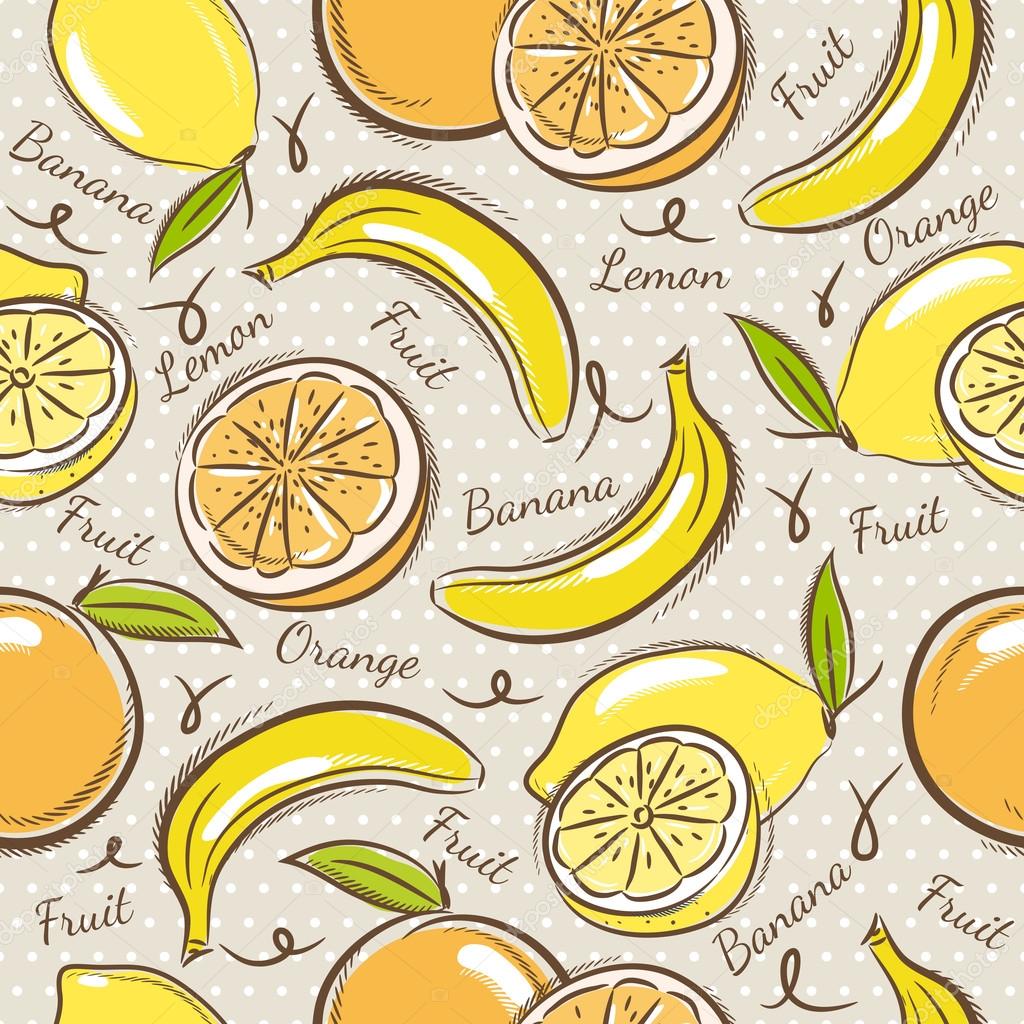 Background with  bananas, oranges and lemons.