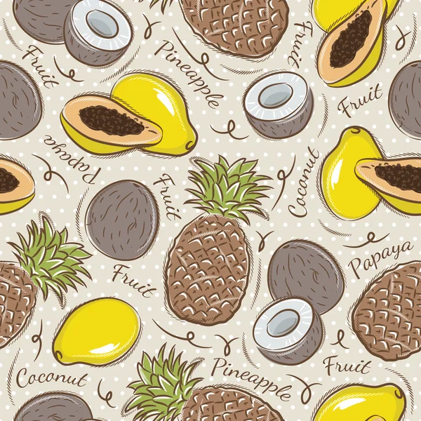 Hintergrund mit Papaya, Kokosnuss und Ananas — Stockvektor