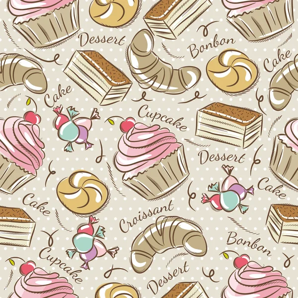 Fond avec cupcake, croissant, gâteau et bonbon — Image vectorielle