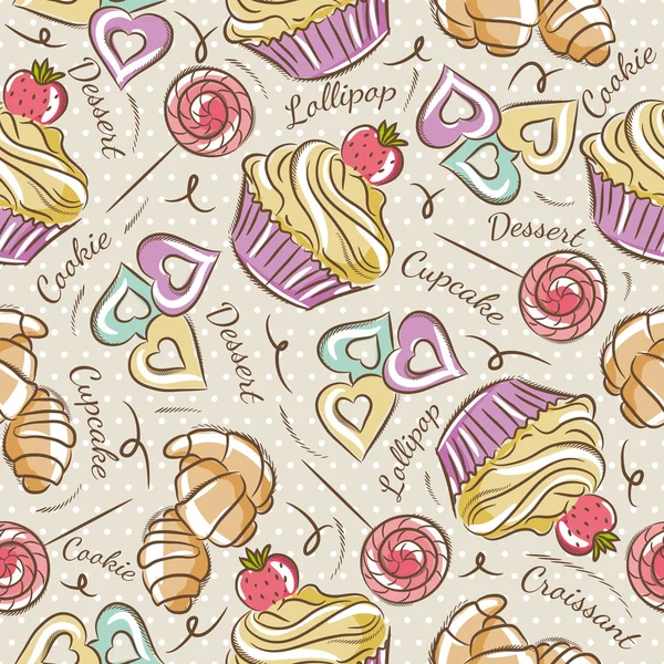 Fond avec cupcake, croissant et biscuit . — Image vectorielle