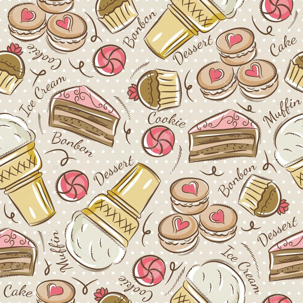 Background with cupcake, ice cream, cake and cookie.