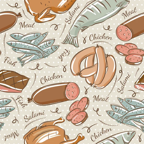 Fond avec poussin, poisson, salami et saucisse — Image vectorielle