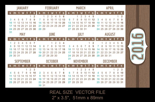 Calendario tascabile 2016, vettoriale, inizia domenica — Vettoriale Stock