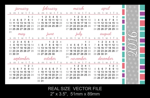 Pocket Calendar 2016, vector, start on Sunday — Stock Vector