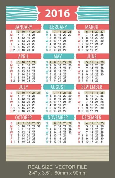 Calendrier de poche 2016, vecteur, commencer le dimanche — Image vectorielle