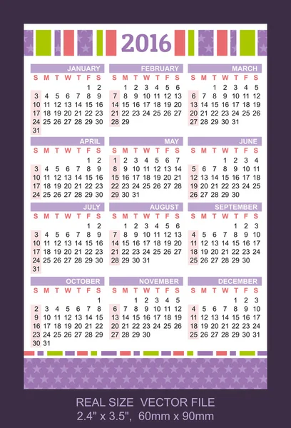 Карманный календарь 2016, вектор, начало в воскресенье — стоковый вектор