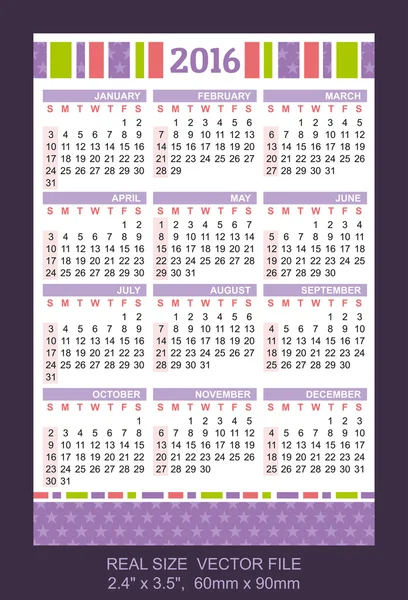 Pocket Calendar 2016, vector, start on Sunday — Stock Vector