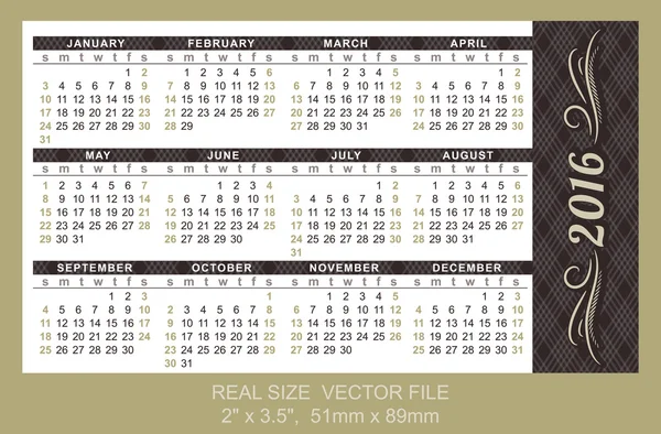 Карманный календарь 2016, вектор, начало в воскресенье — стоковый вектор