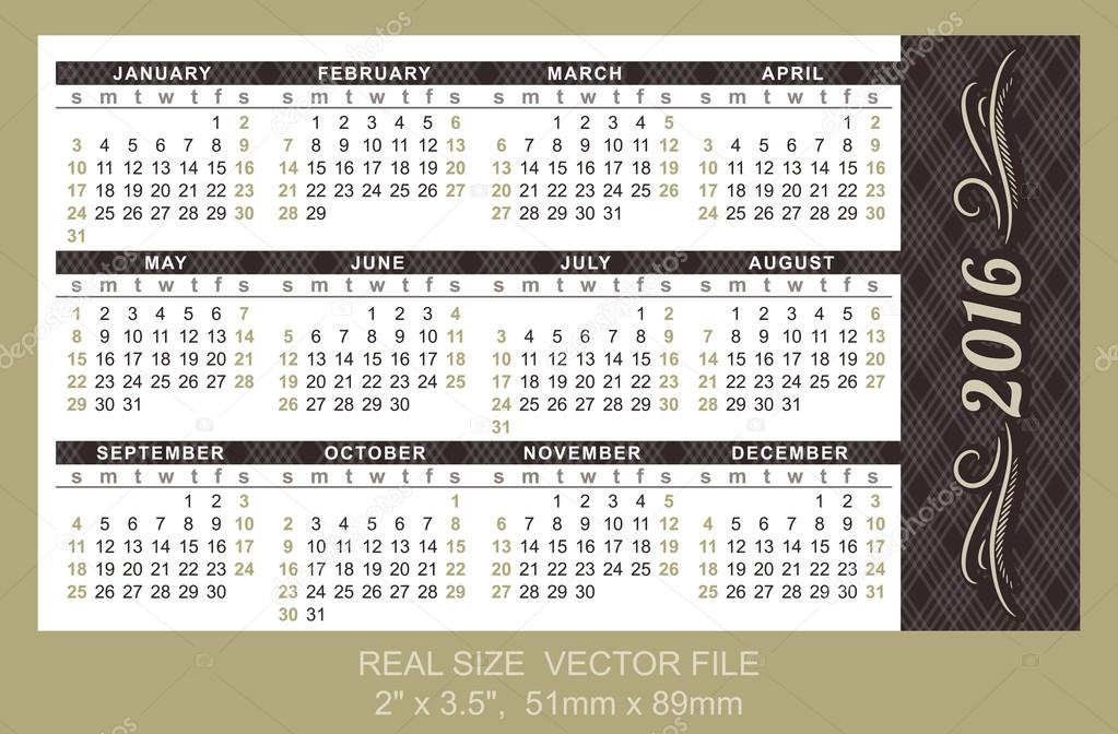 Pocket Calendar 2016, vector, start on Sunday