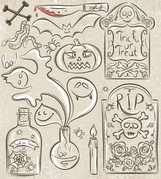 Halloween-Set mit Geist, Totenkopf, Gefäß mit Spinne — Stockvektor