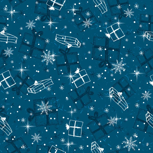Fond bleu sans couture avec cadeaux de Noël, vecteur — Image vectorielle