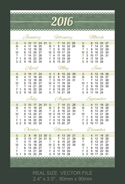 Pocket Calendar 2016, vector, start on Sunday — Stock Vector