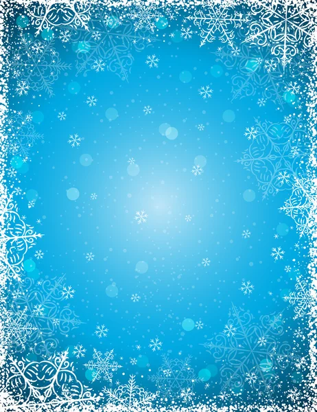 Blauwe achtergrond met frame van sneeuwvlokken, vector — Stockvector