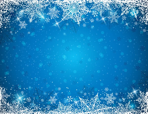 Fondo azul con marco de copos de nieve, ilustración vectorial — Vector de stock