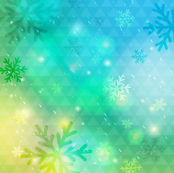 Fundo verde brilhante com bokeh e flocos de neve, vetor — Vetor de Stock