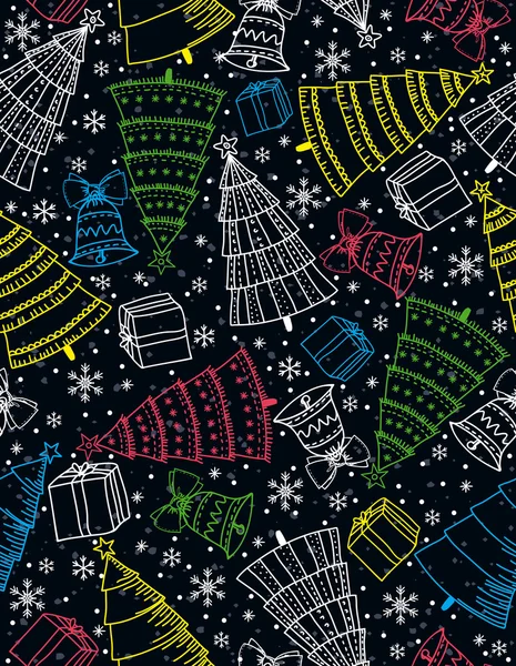 Arrière-plan noir avec des arbres de Noël et des cadeaux, vecteur — Image vectorielle