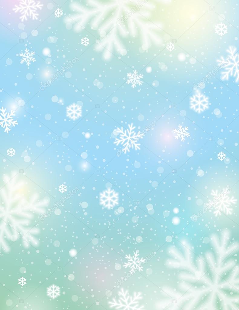 Light background with bokeh and blurred snowflakes, vector 