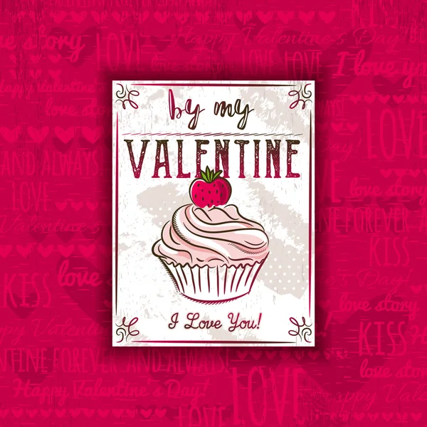 Red background with valentine heart, muffin and greeting text, — Stock Vector