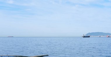 Sea Bay manzaralı. Ufuktaki gemiler. Sakin ve huzurlu bir deniz. metin için boşluk kopyala. bulutlu hava.