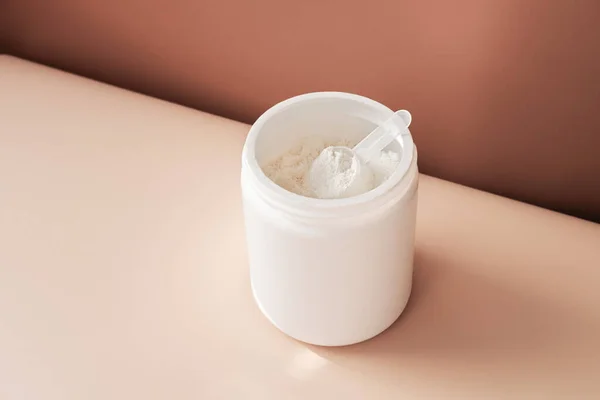 Close Collagen Peptides Powder White Unbranded Container Collagen Beautiful Skin — Stock Photo, Image