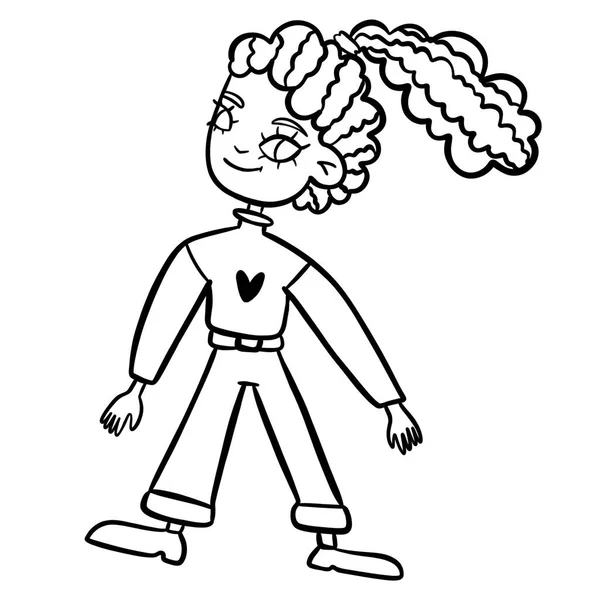 a girl illustration. outline style. cute character, girl wearing pullover and pants and looking aside. curly cheerful child.