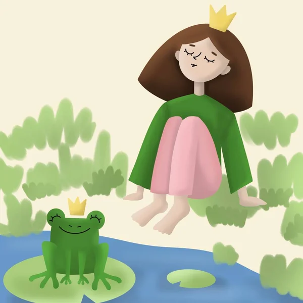 Een Meisje Met Een Kroon Zit Bij Rivier Droomt Groene — Stockfoto