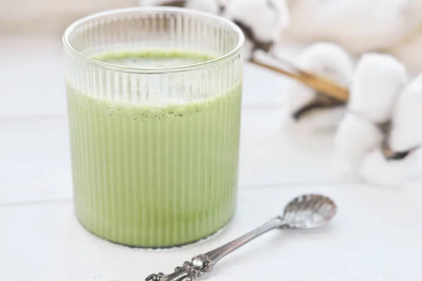 Good Morning Breakfast Healthy Eating Concept Glass Trendy Matcha Green — Stock Photo, Image