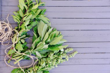 Bahçede yetişen şifalı bitkiler. Nane şekeri, nane şekeri ve gri ahşap bir masada Melissa. Alternatif tıp. Sağlık ve güzellik için bitkiler. Geleneksel şifalı bitkiler.