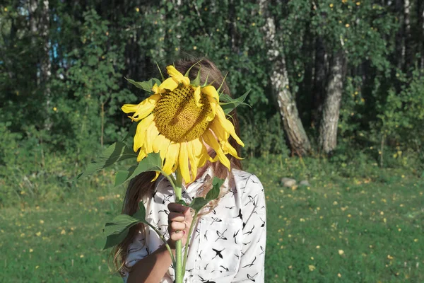 Girl Hiding Her Face Sunflower Summer Holiday Concept Countryside Living — Stock Photo, Image
