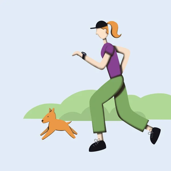 Uma Menina Correndo Com Seu Cão Estimação Menina Desportiva Correndo — Fotografia de Stock