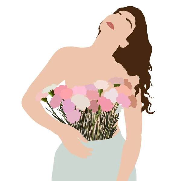 brunette woman with bouquet of flowers as a top. woman portrait avatar or abstract fashion blog content. trendy flat style illustration. young woman with long brown hair.