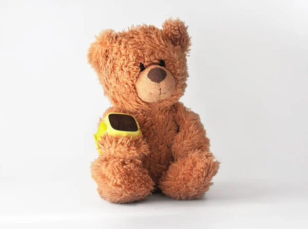 Teddy Bear Wearing Kids Smart Watch Children Safety Communication Gps — Stock Photo, Image