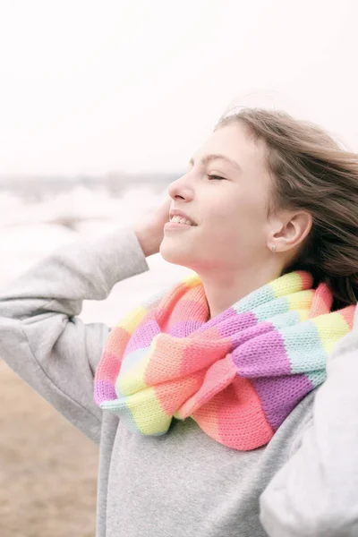Outdoor Portrait Teenager Girl Wearing Striped Scarf Enjoying Warm Wind — Stock Photo, Image