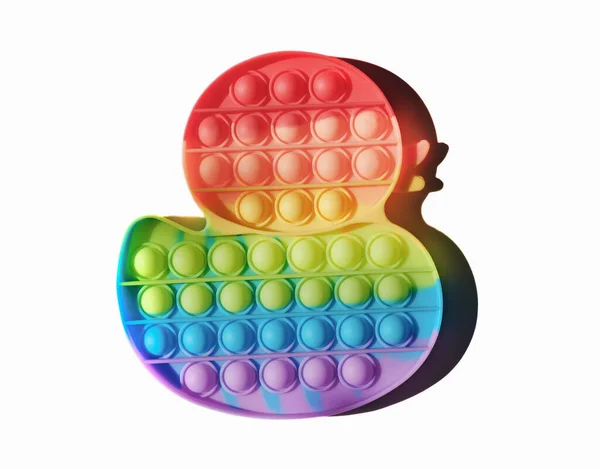 Pop It fidget toy. antistress toy, pop silicone bubbles, relax and leisure game, children and kids favorite rainbow color game.duck shaped isolated on white background.,