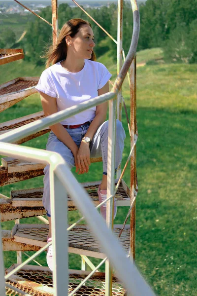 Pretty Young Woman Sitting Stairs Old Lighthouse Looking Aside Portrait — Stock Photo, Image