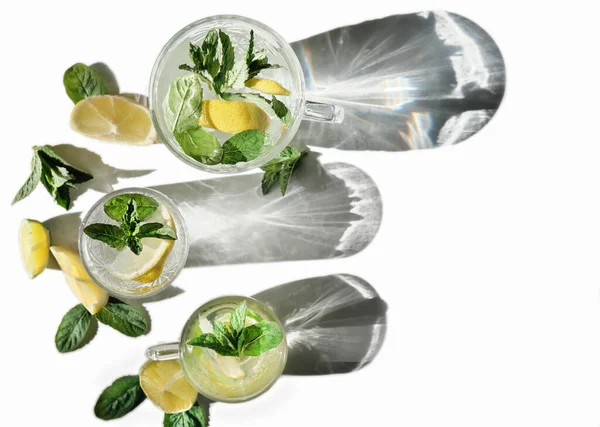 Top View Summer Fresh Drink Lemon Mint Lime White Background — 스톡 사진