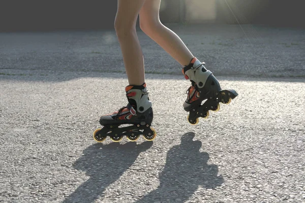 Teenager Girl Legs Wearing Roller Skates Partial View Teen Girl — Stock Photo, Image
