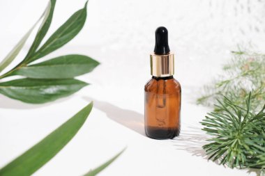 Kehribar rengi cam bir şişede doğal yağ ve damlatıcı. Yeşil yapraklı arka plan. güzellik, kırışıklık önleyici serum veya cilt gençleştirme ve pürüzsüzlük için yağ.