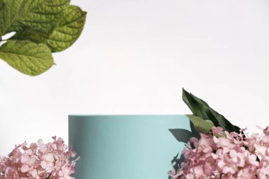 Turkuaz podyum veya pembe ortanca çiçekleri ve yeşil yaprakların yanına kozmetik ürün yerleştirme için sergi. Ürün sunumu için boş vitrin