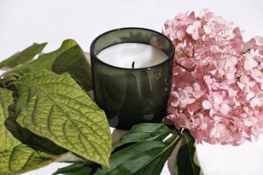 Yeşil kokulu mum ve ortanca çiçeği. Rahatlamak ve sakinleşmek için ev kokuları. Ev için çiçek kokusu. markasız seramik mum.