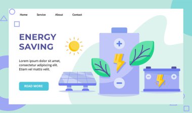 Güneş enerjisi için yeşil yapraklı yıldırım aküsü kampanyası için enerji tasarrufu web sitesi ana sayfa iniş sayfası flaması düz stil